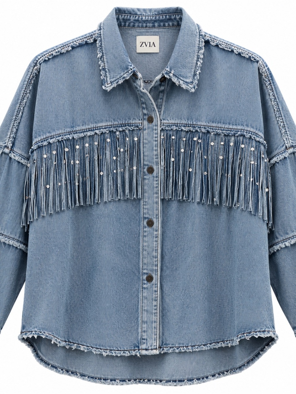 Zara Light Blue Denim Jacket with Fringe and Studs